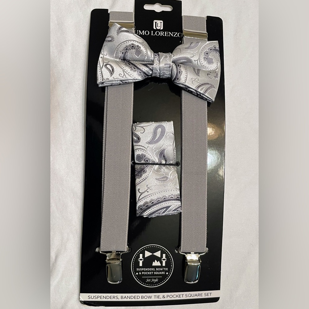 Men's Paisley Suspenders and Self-Tied Bow Tie with Pocket Square Hanky 3pc Set